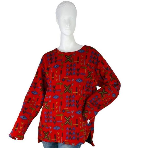 90s Vtg Purple Mountain Polartec Red Fleece Southwestern Design Crewneck Top M - Picture 3 of 10